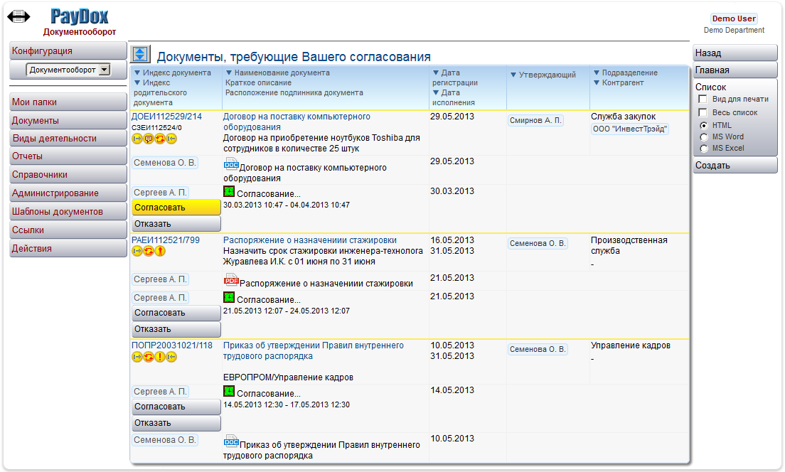 Список документов в СЭД PayDox, требующих согласования