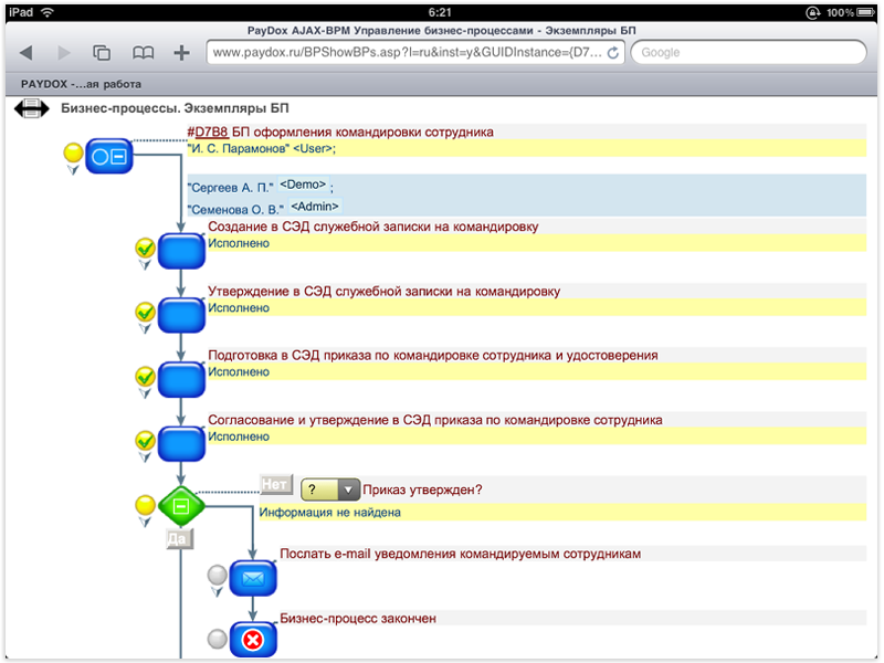 Работа с бизнес-процессами в PayDox на iPad